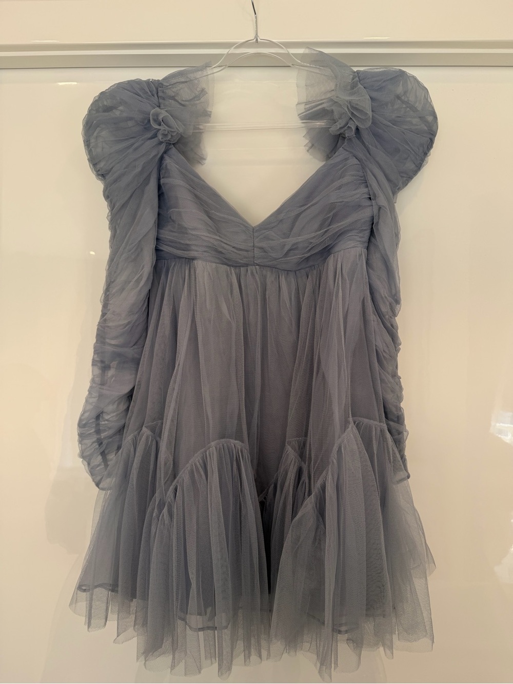 Zimmermann Dusty Blue Puff-Sleeve Tulle Mini Dress